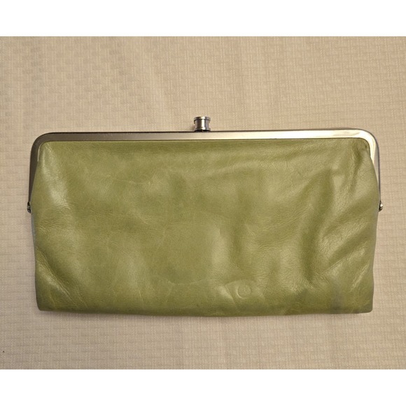 Vtg Hobo International Lauren Leather Double-Frame Clutch Wallet Citrine Green - Picture 2 of 14